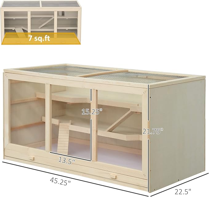 45" Extra Large Wooden Hamster Cage, Hamster Enclosure with Opening Roof & Multi-Levels, Extra Large Natural Habitat, Includes Ramps and Hut for Rabbit, Guinea Pig, Hedgehog Small Pets