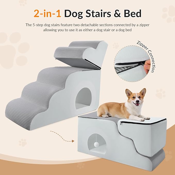 Dog Stairs for High Beds Up to 30" H with Tunnel,Extra Height 27.5" 5-Step Pet Steps for Small Dogs and Cats, Non-Slip Sturdy Dog Ramp with Anti-Tip Safety Strap and Removable Cover