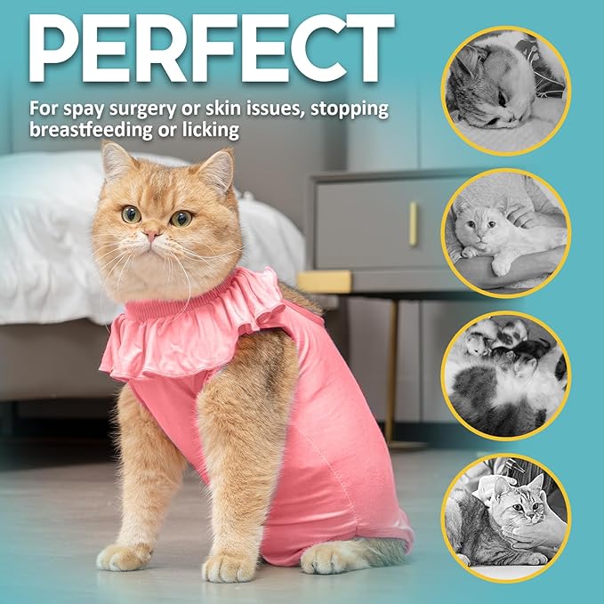 Avont Cat Recovery Suit - Kitten Onesie for Cats After Surgery, Cone of Shame Alternative Surgical Spay Suit with Ruffles for Female Cat, Post-Surgery or Skin Diseases Protection -Pink (L)