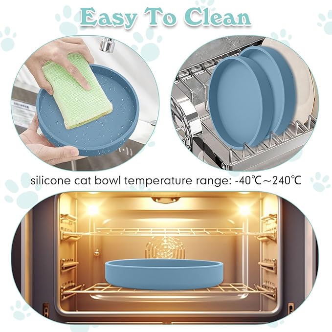 Silicone Cat Food Bowls Shallow Cat Dishes 5.9in Wide Pet Plates Set of 2 Small Flat Dog Saucer Bowl Cute Whisker Fatigue Kitten Feeding Dish for Dry & Wet Food (Round Blue + Green)