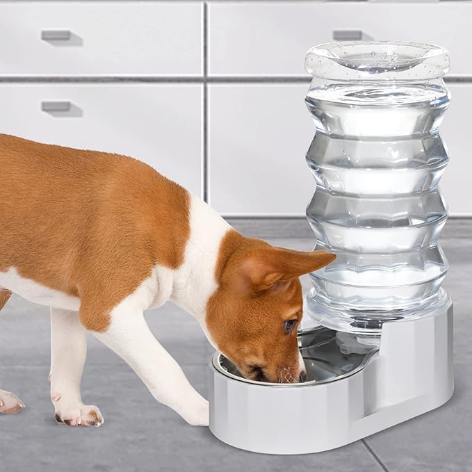 RIZZARI Gravity Dog Water Dispenser: Ion Exchange System with Activated Carbon-Helps Prevent Urinary Stones-8L Large Auto-Refill Stainless Steel Pet Waterer for Busy Owners-Living Room-Backyard