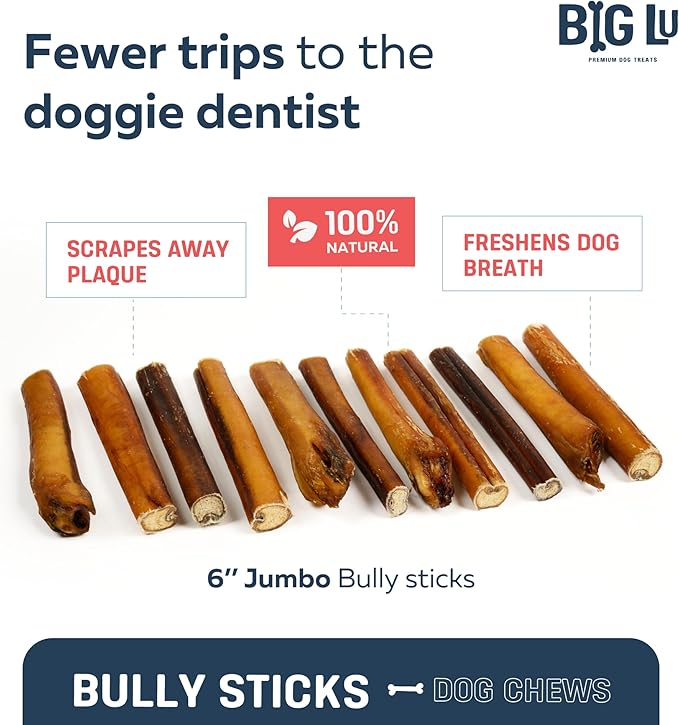 Big Lu - 6” Jumbo Bully Sticks, 10 Count- Thick, Long-Lasting, Grass-Fed Beef Chews for Medium & Large Dogs, Natural Single-Ingredient, Fully Digestible Treats