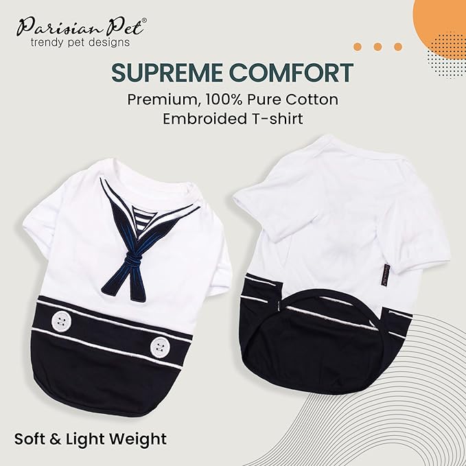Parisian Pet Sailor Dog Costume - 100% Cotton Dog Clothes for Small Dogs Boys - Lightweight and Breathable Puppy Outfits - Funny Chihuahua Clothes - Cute Navy Pet Shirt - Stretchy T Shirt for Dogs