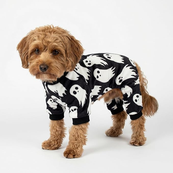 Fitwarm Halloween Ghost Dog Pajamas, Funny Halloween Costumes for Dogs, Fleece Dog Onesie with Feet, Doggy Clothes for Small Dogs Boy Girl, Pet Apparel, Black, White, XL