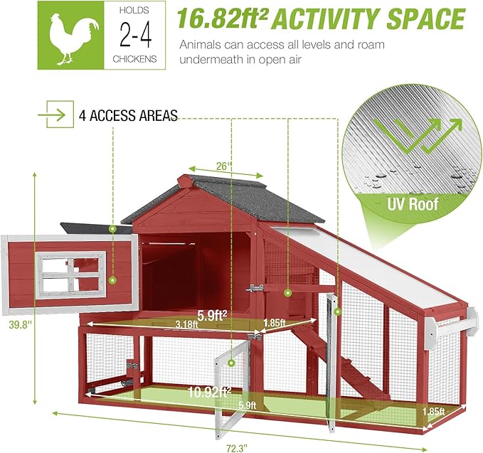GUTINNEEN Chicken Coop with Wheels, Expandable Hen House Poultry Cage with Run, UV-Protected Roof, Divided Nesting Boxes, Easy One-Person Move, Ideal for 2 Adult Chickens or 4 Bantams, 72.3" L, Red