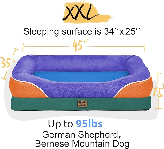 Chez Paw Orthopedic Extra Large Dog Bed - XXL Washable Giant Pet Couch Sofa with Removable Cover Waterproof Bolster for Large Size Dogs, 45x35