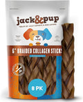 Jack&Pup 6" Braided Beef Collagen Sticks for Dogs | Rawhide Free Dog Chews Long Lasting | Single Ingredient Healthy Dog Treats for Medium Dogs | Bully Stick Alternative (8 Pack)
