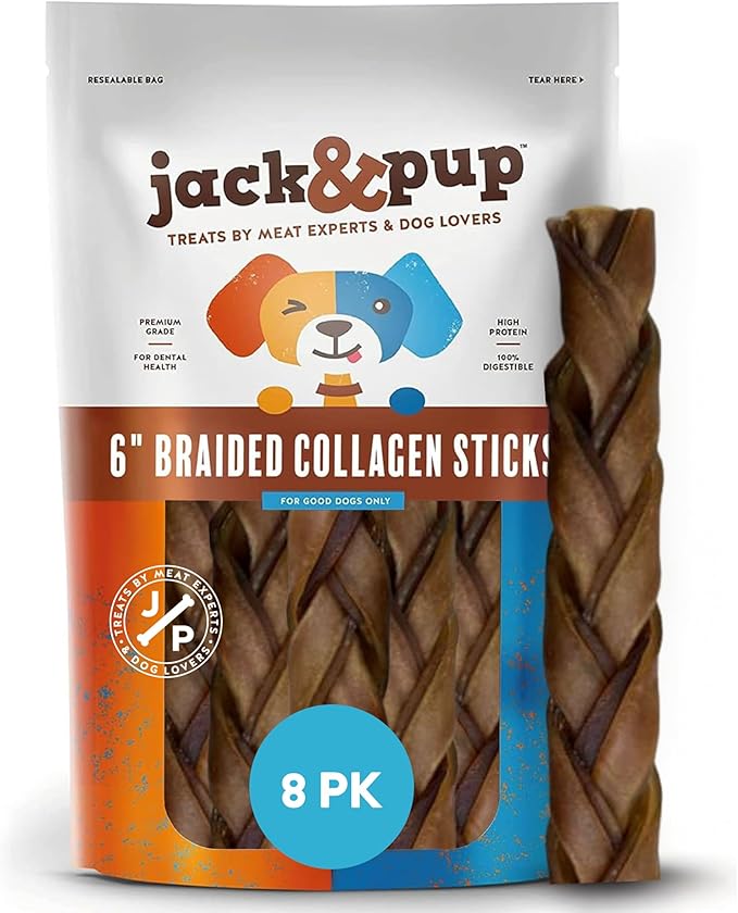 Jack&Pup 6" Braided Beef Collagen Sticks for Dogs | Rawhide Free Dog Chews Long Lasting | Single Ingredient Healthy Dog Treats for Medium Dogs | Bully Stick Alternative (8 Pack)