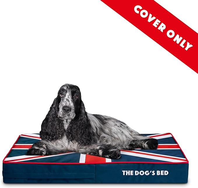 The Dog’s Bed Replacement Outer Cover, Oxford Fabric, Blue with Red Trim & UK Center Flag,M, 4-Inch