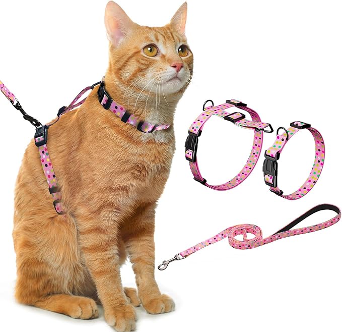 Hikiko Cat Harness and Leash Set Escape Proof Adjustable Walking Travel Cute Girl Kitten Harness for Small Medium Large Cats (Pink Polka Dots, S)