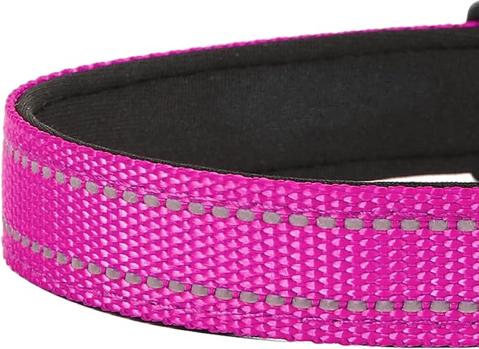 Reflective Dog Collar, Adjustable Soft Neoprene Padded Nylon Pet Collars with Buckle for Medium Dogs, Rose Red,M