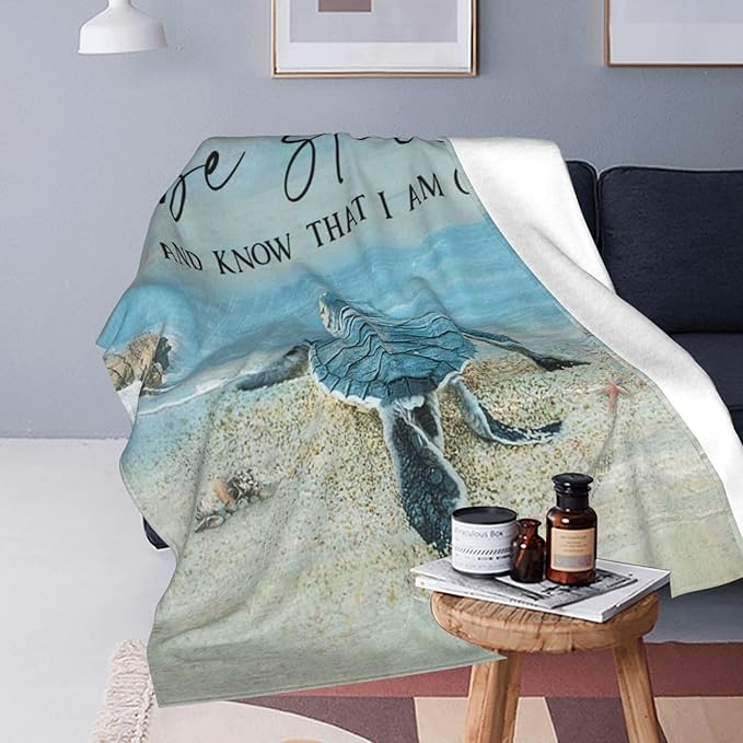 Beach Turtle Blanket Sea Turtle Decor Throw Blanket Be Still and Know That I Am God Christian Blanket Gifts for Men Women Warm Soft Plush Fleece Flannel Blanket Bedding Blanket for Kids Adults 80"X60"