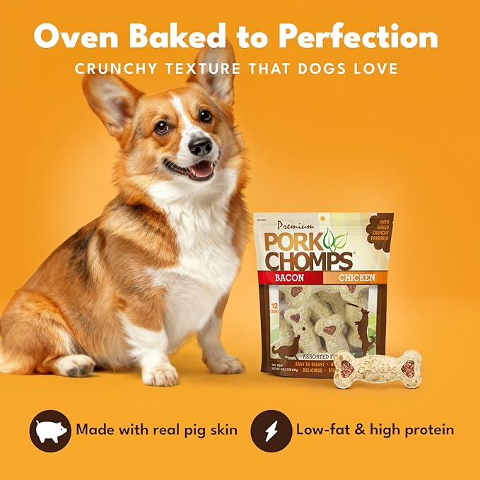 Pork Chomps Dog Chews, 4-inch Crunchy Bones, Bacon and Chicken Flavor, 12 Count