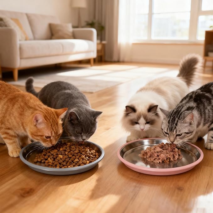 Cat Food Bowls 2 Pack, Wide and Shallow Stainless Steel Cat Bowls with Non-Slip Bottom, Metal Whisker Friendly Pet Dishes for Dry, Wet and Can Food