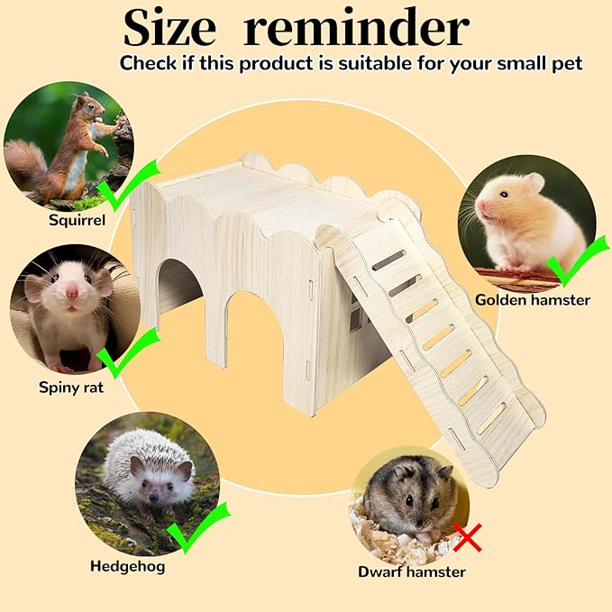 2 PCS Large Wooden Syrian Hamster Hideout Multi-Chamber Tunnel Set Hamster House Hiding Maze Platform Stuff Exploring Toy Cage Accessories for Guinea Pig Rat Mice Hedgehog Squirrel Chinchilla