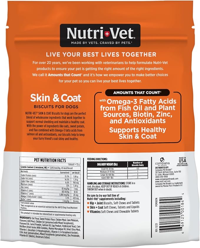 Nutri-Vet Skin & Coat Biscuits, Skin and Coat Supplement, Dog Treat, Dog Supplements, Omega 3 Fish Oil, Small Sized Biscuit, Made with Omega 3 and Biotin, Fish Oil Treat for Pets, 16 oz (Pack of 2)