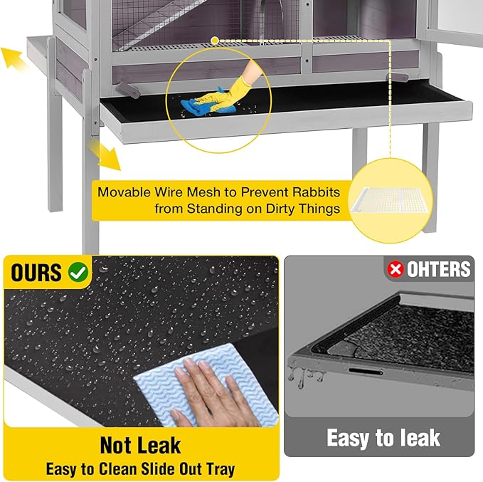 Aivituvin 2-Story Indoor Rabbit Hutch Guinea Pig Cage with Stand, Wooden Bunny Cage Small Animal Cages with Chew-Proof Ramp, Pull-Out Tray & Leakproof PVC Layer (Grey)