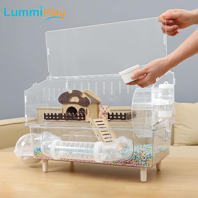 8 in 1 Acrylic Hamster Cage with all accessories,2-Layer Hamster House with full transparent Viewing,Top Open Mouse Cage for Pet Mice,large Hamster Habitat for Dwarf Hamster,Gerbils; 18"x11"x13.4"
