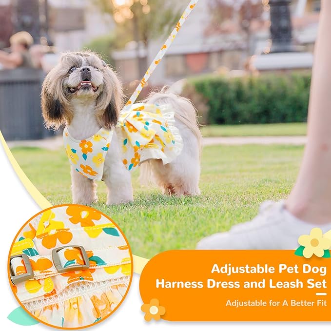 ABRRLO Dog Harness Dress Leash Set for Small Dog Summer Clothes Girl Female Puppy Cats Outfits Cute Floral Bowknot Princess Birthday Dress for Extra Small Pet Doggie Kitten Outfits Apparel(Yellow,XS)