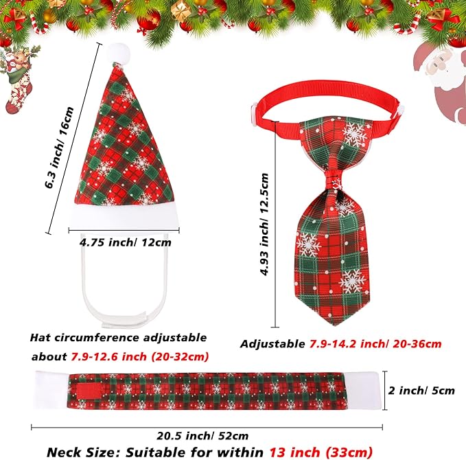 Christmas Dog Cat Santa Hat with Scarf and Adjustable Bow Tie Collar and Pet Necktie, Jupsk Essential Plaid Snowflake Xmas Costume Set for Small Dogs,Cats,Kitten,Puppies,Xmas Pet Outfit,Style A