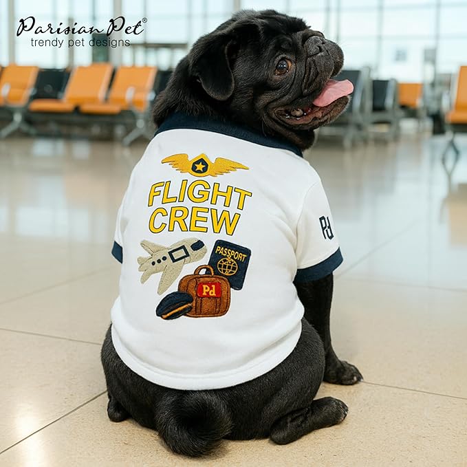 Parisian Pet Dog Flight Crew Shirt - Embroidered Pet Vest - 100% Cotton & Polyester Doggy Shirt - Lightweight Pet Clothes - Sleeved Puppy Costume - White Shirts for Small Dogs - S