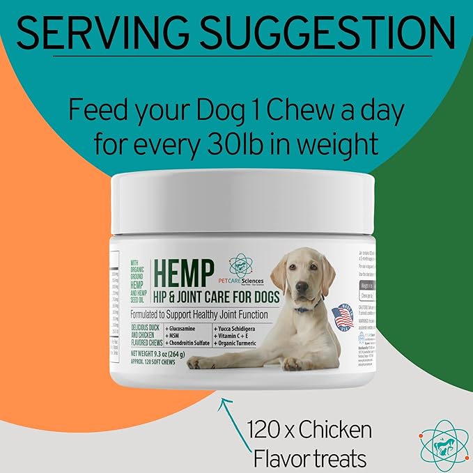 Approx 120 Hemp Chews for Dogs - Dog Hip and Joint Supplement - Pain Relief for Dogs - Senior Old Dog Vitamins and Supplements - Hemp Calming Treats for Dogs
