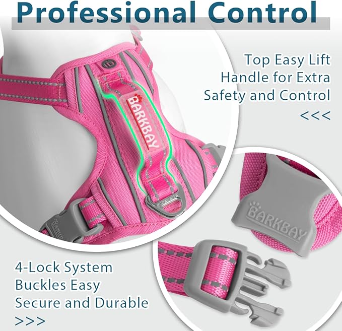 BARKBAY Dog Harness No Pull Oxford with ID Tag Pocket - Heavy Duty, Reflective, Easy Control for Large Dogs(Pink Oxford,L)