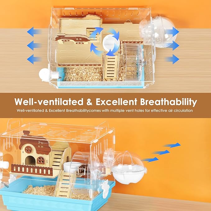 Acrylic Hamster Cage Small Hamster Habitat 360 Viewing Hamster Enclosure with Running Wheel & Hideout for Dwarf, Guinea Pig, Gerbils, Blue, 13.3" L*10.2" W*12.4" H