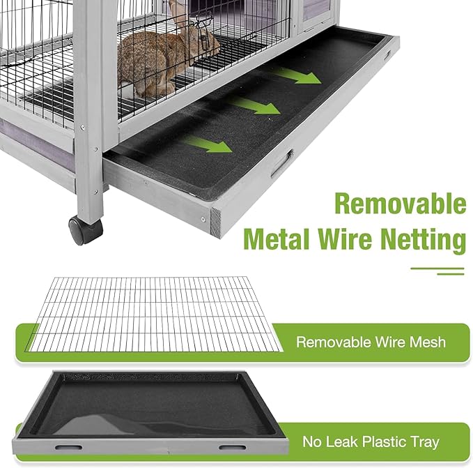 GUTINNEEN Rabbit Hutch Indoor with Wire Fence Rabbit Cage with Run Leakproof Pull Out Tray Outdoor Bunny Cage, Guinea Pig Cage Grey