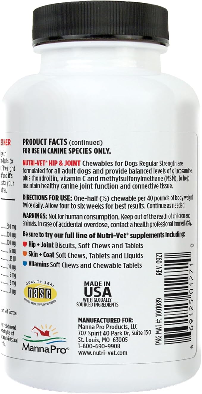 Nutri-Vet Hip & Joint Regular Strength Joint Dog Supplements, Formulated with Glucosamine Chondroitin, Pet Supplies, Hip Supplement for Dogs, Glucosamine Chews, Puppy Essentials, 75 Count Chewables