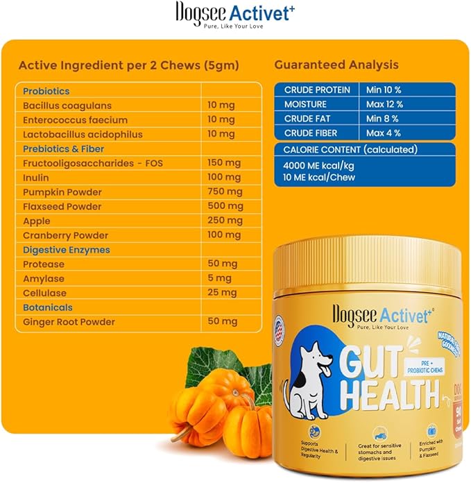 Dogsee Activet+ Dog Gut Health Supplement Chews, with Probiotics, Prebiotics, Digestive Enzymes & Fiber, Digestion & Regularity Support, Chicken Flavor – 90 Chews