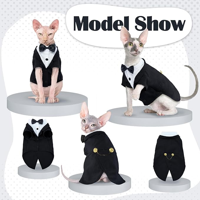QBLEEV Cat Tuxedo Outfit, Formal Cat Suit Costume with Bow Tie, Sphynx Hairless Clothes for Cats Only, Kitten Wedding Birthday Party Attire Apparel for Male Boy, Cute Small Pet Gentleman Formal Wear