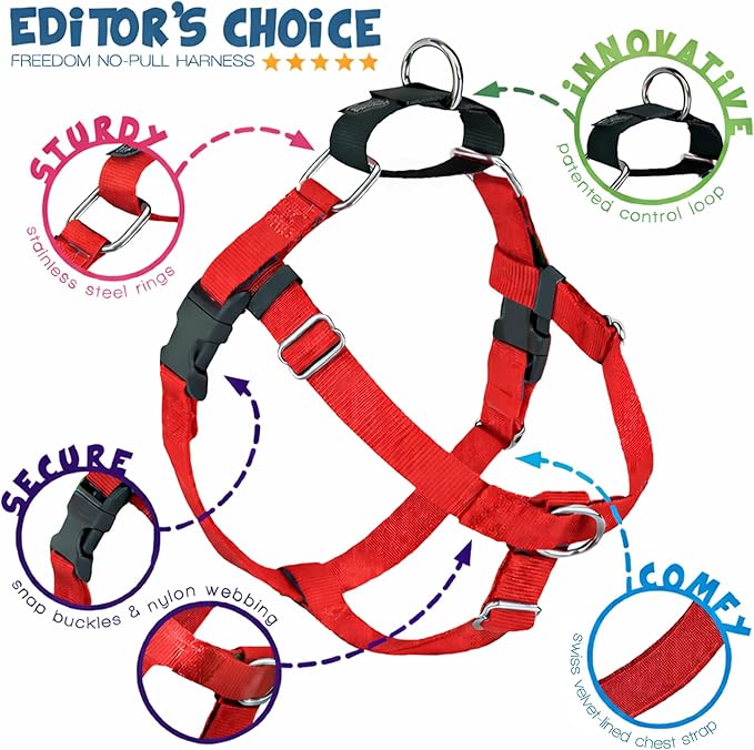 2 Hounds Design Freedom No Pull Dog Harness, Adjustable Harness, Easy Walking & Comfortable Control, Fits Small, Medium & Large Dogs, Solid Colors, Made in USA, 5/8" MD, Red
