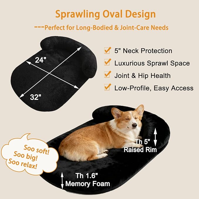 Calming Dog Beds for Medium Large Dogs, Orthopedic Cushion Plush Dogs Lounge Couch Sofa with Washable Removable Cover, Anti-Anxiety Soft Faux Fur Fits up to 40 lbs Pets (Oval, Black 32"x24")