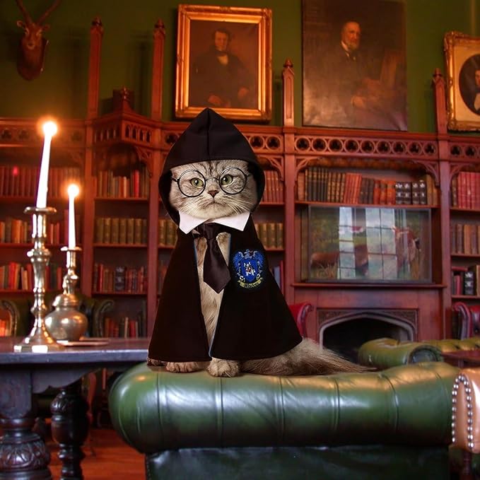Cat Halloween Costume - Pet Wizard Costumes Mantle Magician Cosplay Clothes with Bowtie & Glasses Set, Festival Party Apparel for Small Pets Cats Dogs