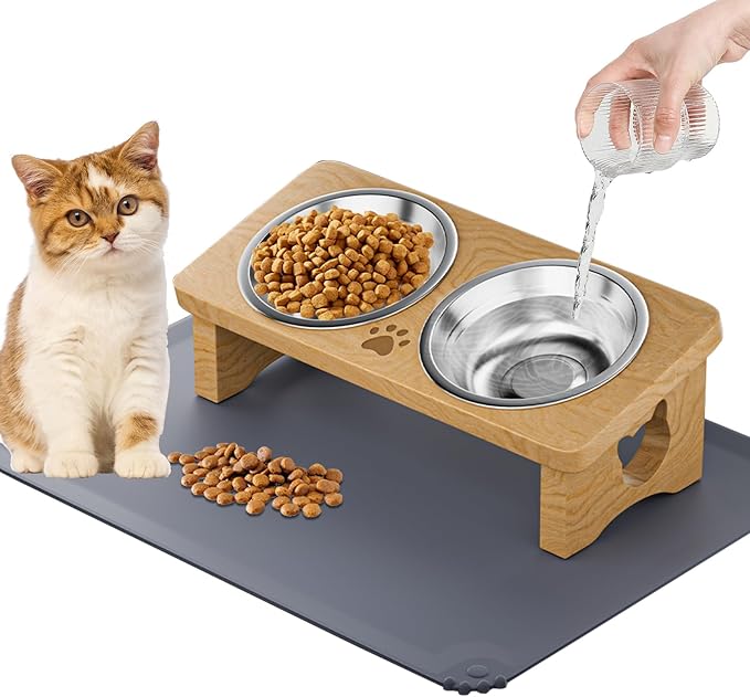 Elevated Cat Bowls with Silicone Mat, 15° Tilted Solid Wood Stand, Raised Stainless Steel Food & Water Dishes for Cats and Small Dogs, Anti-Vomiting Design(Natural)