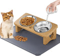 Elevated Cat Bowls with Silicone Mat, 15° Tilted Solid Wood Stand, Raised Stainless Steel Food & Water Dishes for Cats and Small Dogs, Anti-Vomiting Design(Natural)