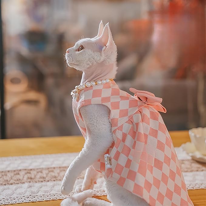 Pink Sphynx Cat Dress, Soft Sleeveless Cats Princess Dress with Bow, Cute Summer Cats Outfit for Wedding Birthday Daily Wear (S,Pink)
