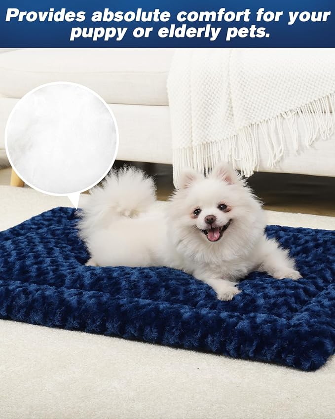 Washable Dog Bed Mat Dog Crate Pad Soft Fluffy Pet Kennel Beds Dog Sleeping Mattress for Large Jumbo Medium Small Dogs, 29 x 18 Inch, Blue