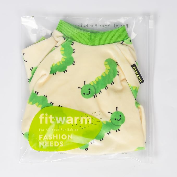 Fitwarm Caterpillar Dog Fleece Pajamas, Cozy Clothes for Small Dogs Boy Girl, Funny Pet Onesie, Beige, Green, Medium