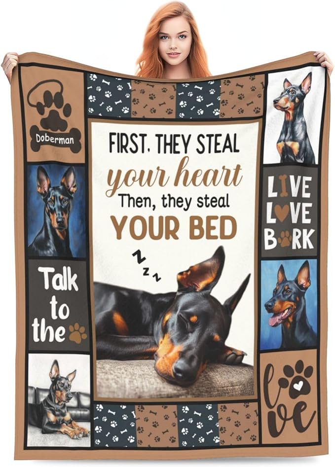 Doberman Gifts Blanket, Dog Throw Blankets, Doberman Gift for Women Boys Girls Men Lover Adult Cozy Fleece Flannel Bedding Stuff Animal Plush for Couch Sofa Bed Decor 80"X60"