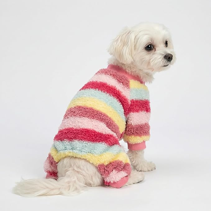 Fitwarm Fuzzy Striped Dog Fleece Pajamas, Warm Winter Clothes for Small Dogs Girl, Cozy Pet Outfit with Feet, Pink, Red, Yellow, XL