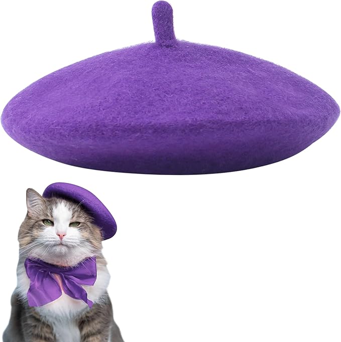 Dog Beret for Small Dogs Cat Doll, Colorful Wool Mini Cap Creative Accessories Costume French Mushroom Artist Fedora Hat Beanies Solid Color Pet Headwear Christmas Hair Accessory Photo Props (Purple)