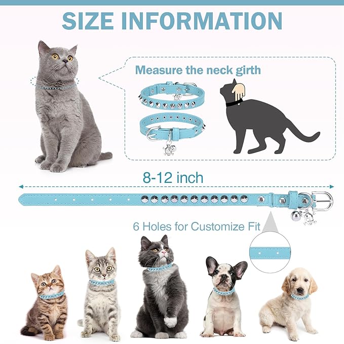 Leather Cat Collars for Boy Girl Cats with Bell and Safety Elastic Belt, Personalized Rivets Stud Adjustable Safe Buckle Collar with Skull Charm for Kitty Small Pets, Light Blue