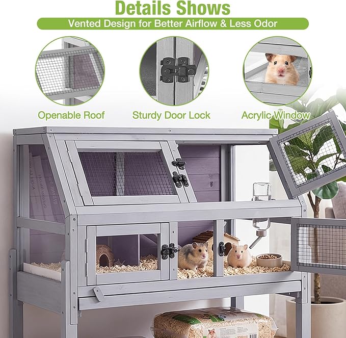 Guinea Pig Cags Indoor, Large Rabbit Hutch with Wheels, Wooden Hamster Cage with Chew-Proof Ram, Zinc Cool Plate and Plastic Floor, Small Animals Cage Habitat with Pull Out Tray (Light Grey)