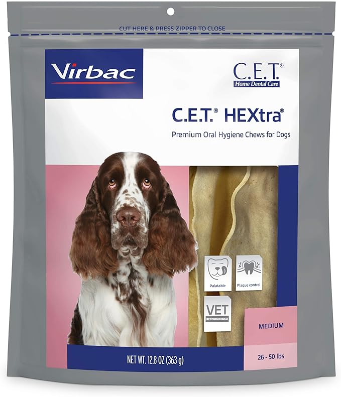 Virbac C.E.T.® HEXTRA® Premium Oral Hygiene Chews for Dogs, Rawhide Coated to Fight Bacteria and Reduce Plaque and Tartar, 26-50 lbs