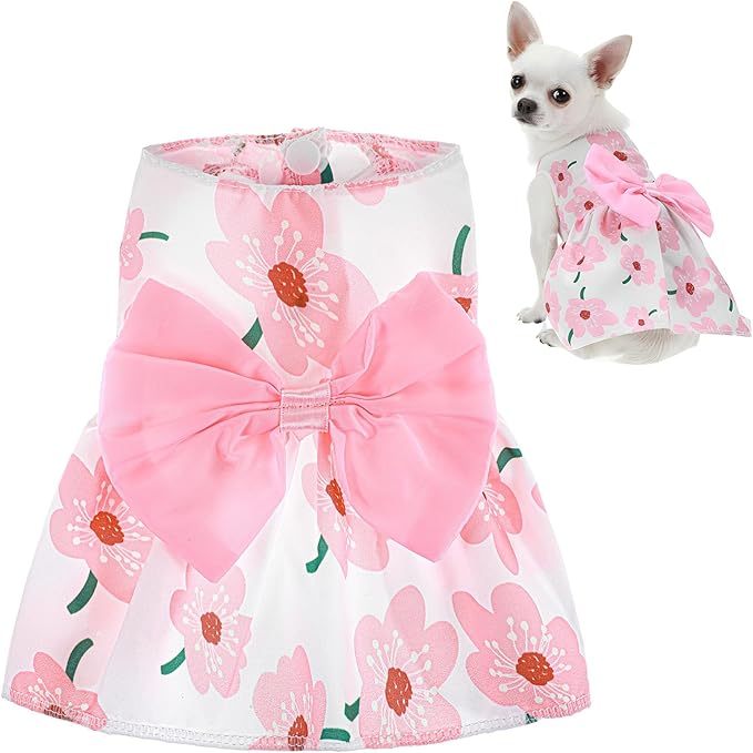 Dog Floral Dress, Cute Dog Dresses with Pink Bow, Pet Princess Dresses, Pink Floral Dogs Cat Clothes, Spring Summer Pet Clothes for Chihuahua, Yorkie, Puppy and Small Cats (XS Size)