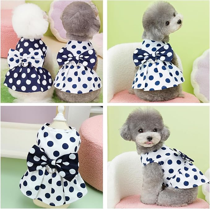 Cute Polka Dots Cat Small Dog Dress with Bow Tie Summer Clothes with D-Ring on The Back for Puppy Cat(White with Navy Dots, Small)