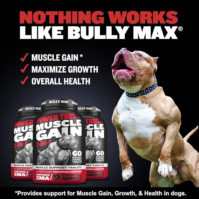 Bully Max High Protein & Fat Dog Food + Muscle Builder Tablets - Premium High-Calorie Dry Dog Food (40lb. Bag) with Chewable Muscle Support Supplement (3 Bottles, 60tabs/bottle) - For Puppies & Adults