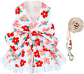ABRRLO Dog Harness Dress Leash Set for Small Dog Summer Clothes Girl Female Puppy Cats Outfits Cute Floral Bowknot Princess Birthday Dress for Extra Small Pet Doggie Kitten Outfits Apparel(Red,M)